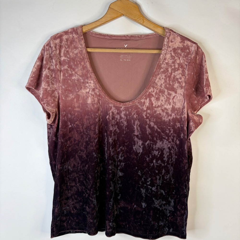 American Eagle Top Women XL Purple Ombre Crushed Velvet Scoop Neck Short Sleeve